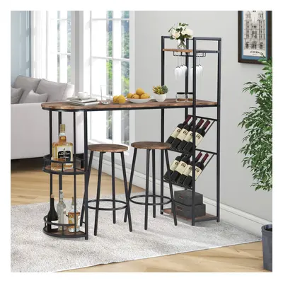 Industrial Bar Table Set with Chairs, Wine Rack, and Side Storage