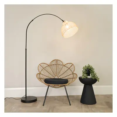 ValueLights Louis Black Arched Floor Lamp with Cream Basket Shade