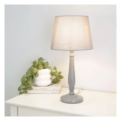 ValueLights Victoria Grey Tapered Shade Grey Wood Table Lamp & Bulb