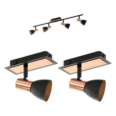 Quad Ceiling Light & 2x Matching Wall Lights Black & Copper Adjustable Trendy