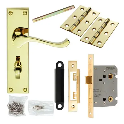 Door Handle & Bathroom Lock Pack Brass Victorian Scroll Thumb Turn Backplate