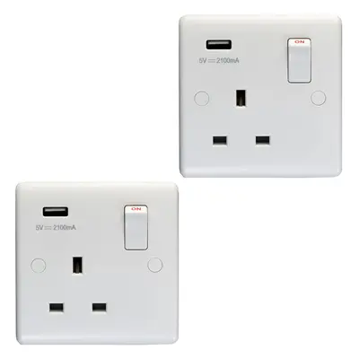 2 PACK Gang Single UK Plug Socket & 2.1A USB-A Charger WHITE 13A Switched