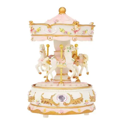 (Pink) Mini Carousel Clockwork Castle in the Sky Music Box Colorful LED Merry-go-round Musical G