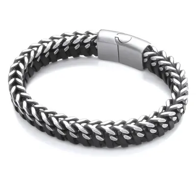 Jewelco London Mens Black Leather Stainless Steel Oxidised Interlocked Franco Curb Chain Strap B