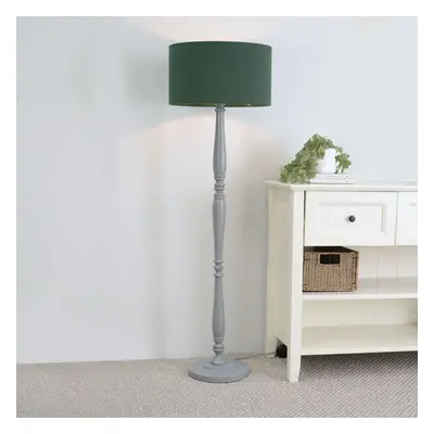 ValueLights Victoria Green Drum Shade Grey Wood Stem Floor Lamp