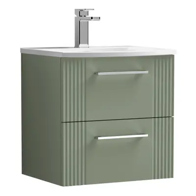 Retro Drawer Wall Hung Vanity Unit with Curved Tap Hole Ceramic Basin - 500mm - Satin Green - Ba