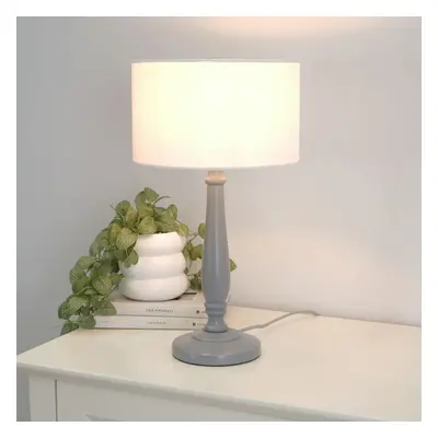 ValueLights Victoria White Drum Shade Grey Wood Traditional Table Lamp