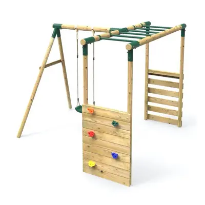 (Single Swing Solar, Green) Rebo Wooden Garden Children's Swing Set with Extra-Long Monkey Bars