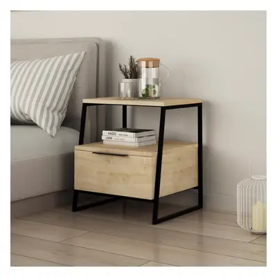 FWStyle Natural Oak Door Bedside Table Cabinet Modern Black Metal Frame