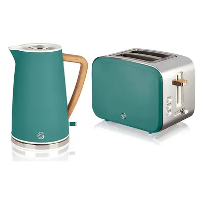 (Green, Kettle & Slice Toaster) Swan Nordic Cotton White Kitchen Set with 1.7 Litre Kettle and S