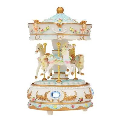 (Blue) Mini Carousel Clockwork Castle in the Sky Music Box Colorful LED Merry-go-round Musical G