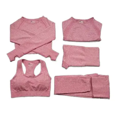 (Pink, 5Pcs Set) Women Seamless Yoga Set Gym SportWear Running Outwork Fitness Long SLeeve High 