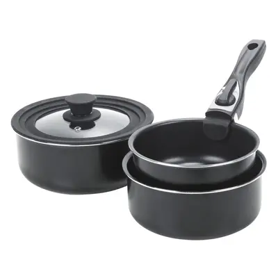 (3 Piece Saucepan + Multi-size Glass Lid) Pcs Black Ceramic Induction Stackable Pots Pans