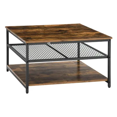 HOMCOM Industrial Coffee Table, Cocktail Table W/ Storage Shelves, Rustic Brown