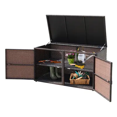 PE Wicker Storage Box 330L 2-Tier with Lid & Front Doors Brown