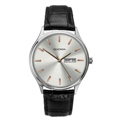 Sekonda Black Leather Silver and Rose-Gold Dial Strap Watch