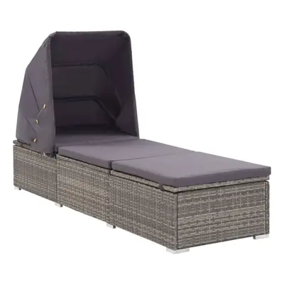 vidaXL Sun Lounger with Canopy and Cushion Poly Rattan Grey Patio Lounge Bed