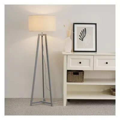 ValueLights Lottie Natural Shade Grey Wood Tripod Floor Lamp & Bulb