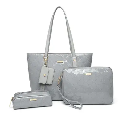 (Grey) Pieces Glossy Leather Tote Bag Set with Gold Tone Hardware