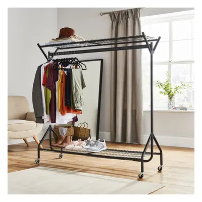 6ft x 5ft Black Heavy Duty Hanging Clothes Rail with Shoe Rack Shelf