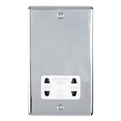 230v & 115v Shaver Twin Socket Wall Plate CHROME & White Trim 86mm x 146mm