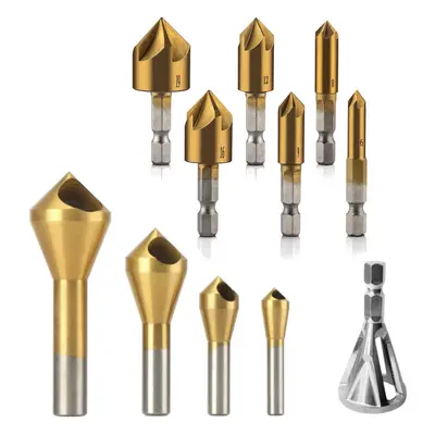 11Pcs Titanium Coating Countersink Drill Bit Set Flutes Chamfer Drill Deburring Bit External Deb