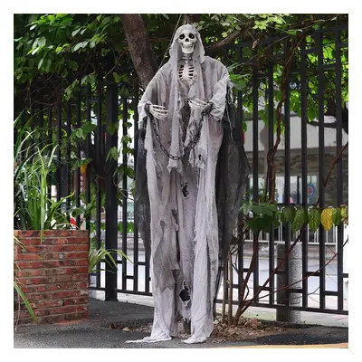 (Light Grey) 170cm Life Size Human Skull Skeleton Halloween Prop Voice Induction light+Chain