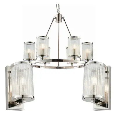 6 Lamp Ceiling & 2x Matching Wall Light Pack Bright Nickel & Ribbed Glass Shade