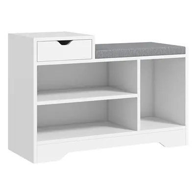 HOMCOM Upholstered Entryway Shoe Bench with Storage Drawer Open Shelf White