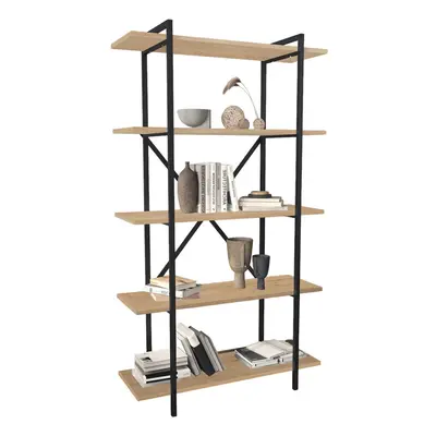 (Sapphire Oak) 5-Tier Wooden Bookshelf With Metal Frame