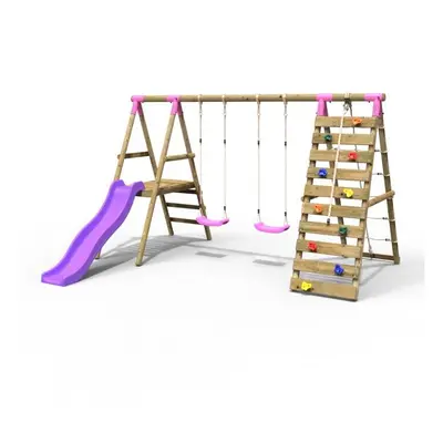 (Jade, Pink) Rebo Wooden Swing Set with Deck and Slide plus Up and Over Climbing Wall