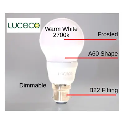 Luceco Standard A60 Classic Frosted Light Bulb DIM2 Warm B22 x10 PACK