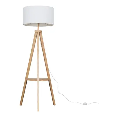 Modern Light Wood Tripod Design Floor Lamp with Storage Shelf & White Drum Shade - Complete with