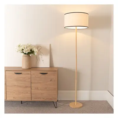 ValueLights Heather Wooden Floor Lamp with Natural Black Trim Shade