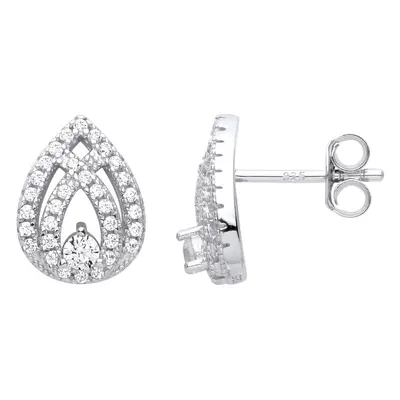 Jewelco London Ladies Rhodium Plated Sterling Silver CZ Pear Drop Crossover Split Waves Stud Ear