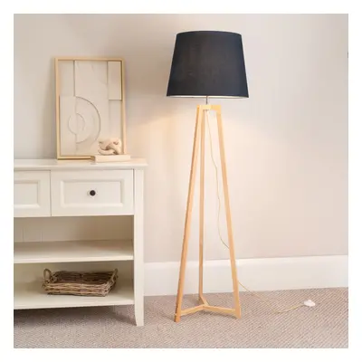 ValueLight Lottie Black Taper Shade Natural Wood Tripod Floor Lamp