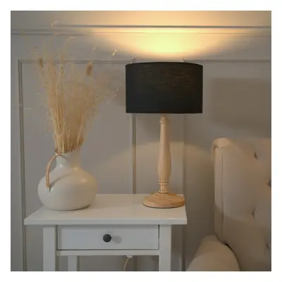 ValueLights Victoria Black Drum Shade with Light Wood Table Lamp