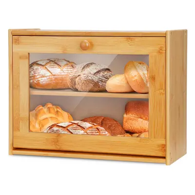 Double Layer Bread Box Bamboo Breadbox Clear Window Bread Holder Storage Bins Organizer for Kitc