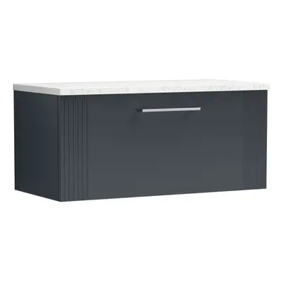 Retro Drawer Wall Hung Vanity Unit with Sparkling White Laminate Worktop - 800mm - Satin Soft Bl