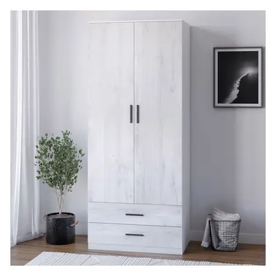 (White Carcass + Ash Grey Drawers) Tall Door Wardrobe With Drawers Metal Runners