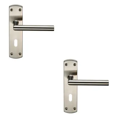 2x Mitred Lever Door Handle on Lock Backplate x 44mm Satin Stainless Steel