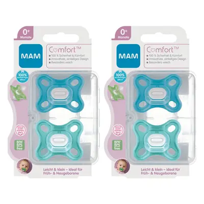 Comfort Dummy Mini X-Small 0+ Months Boys Blue, Hospital-Grade Silicone, Pack of 4, incl. Travel