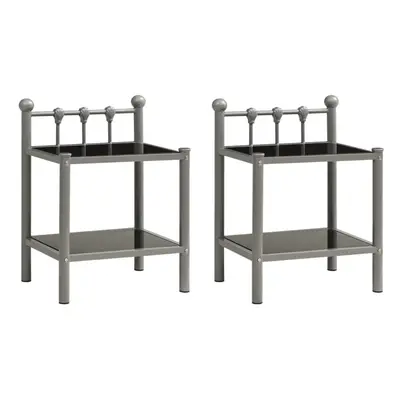 vidaXL 2x Bedside Cabinet Grey and Black Metal and Glass Side Table Bed Stand