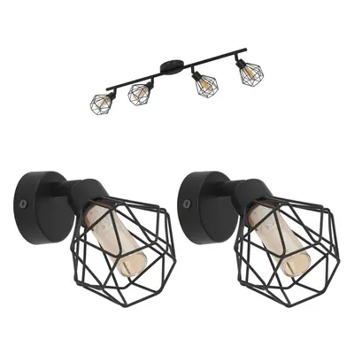 Quad Ceiling Light & 2x Matching Wall Lights Black Cage Amber Glass Trendy Lamp