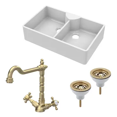 Fireclay Kitchen Bundle - Double Bowl Butler Sink, x Wastes & French Classic Tap, 895mm - Brushe