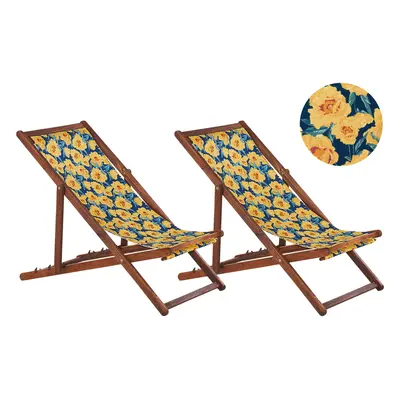 Set of Acacia Folding Deck Chairs and Replacement Fabrics Dark Wood with Off-White / Yellow Flor