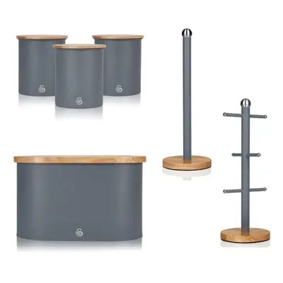 (Grey) Swan Nordic Set Mug Tree, Towel Pole, Bread Bin & Canisters