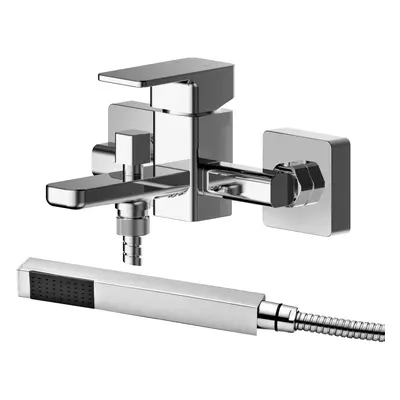 Wall Mounted Square Bath Shower Mixer Tap with Shower Kit - Chrome