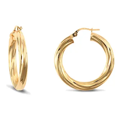 Jewelco London Ladies 9ct Yellow Gold Twisted 4mm Hoop Earrings 27mm - JER202