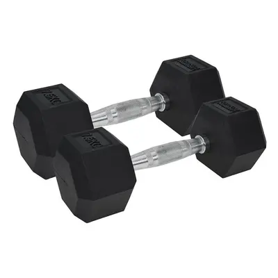 Pro Dumbbell Pair - 2x 7.5KG Rubber Coated Hex Dumb-Bells - Knurled Steel Handle